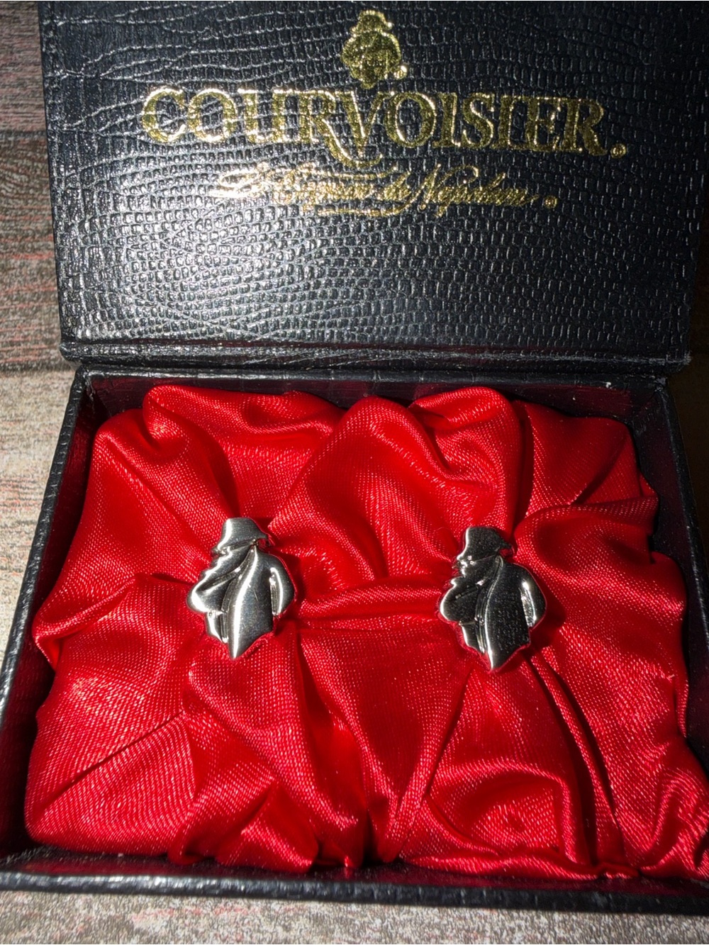 Courvoisier Silver Tone Figural Cufflinks on Red Satin